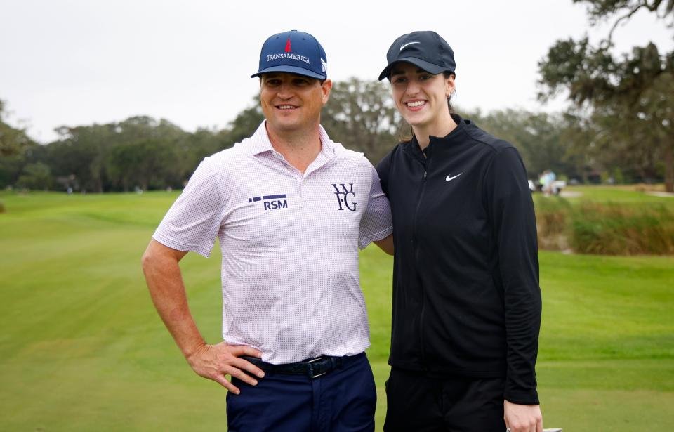 ST SIMONS ISLAND, GEORGIA - NOVEMBER 20: WNBA player Caitlin Clark and Zach Johnson pose for a picture during the Pro-Am prior to The RSM Classic 2024 at Sea Island Resort on November 20, 2024 in St Simons Island, Georgia. (Photo by Mike Ehrmann/Getty Images) ORG XMIT: 776222695 ORIG FILE ID: 2185788577