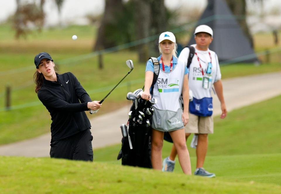 ST SIMONS ISLAND, GEORGIA - NOVEMBER 20: WNBA player Caitlin Clark plays during the Pro-Am prior to The RSM Classic 2024 at Sea Island Resort on November 20, 2024 in St Simons Island, Georgia. (Photo by Mike Ehrmann/Getty Images) ORG XMIT: 776222695 ORIG FILE ID: 2185788731