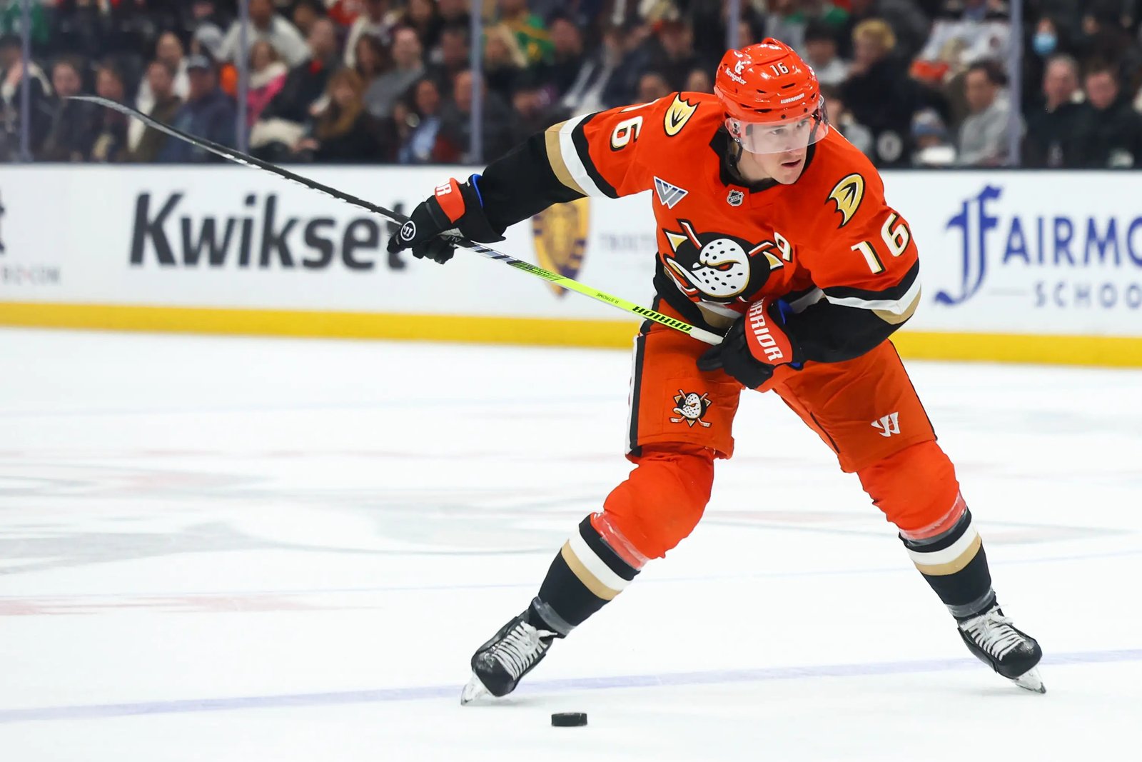 Feb 4, 2025; Anaheim, California, USA; Anaheim Ducks center Ryan Strome (16) prepares to shoot against the Dallas Stars during the second period of a hockey game at Honda Center. Mandatory Credit: Jessica Alcheh-Imagn Images