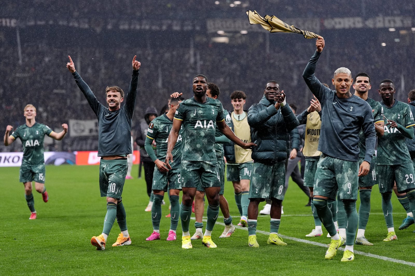 Tottenham players celebrate after their Europa League quarter-final victory at Eintracht Frankfurt