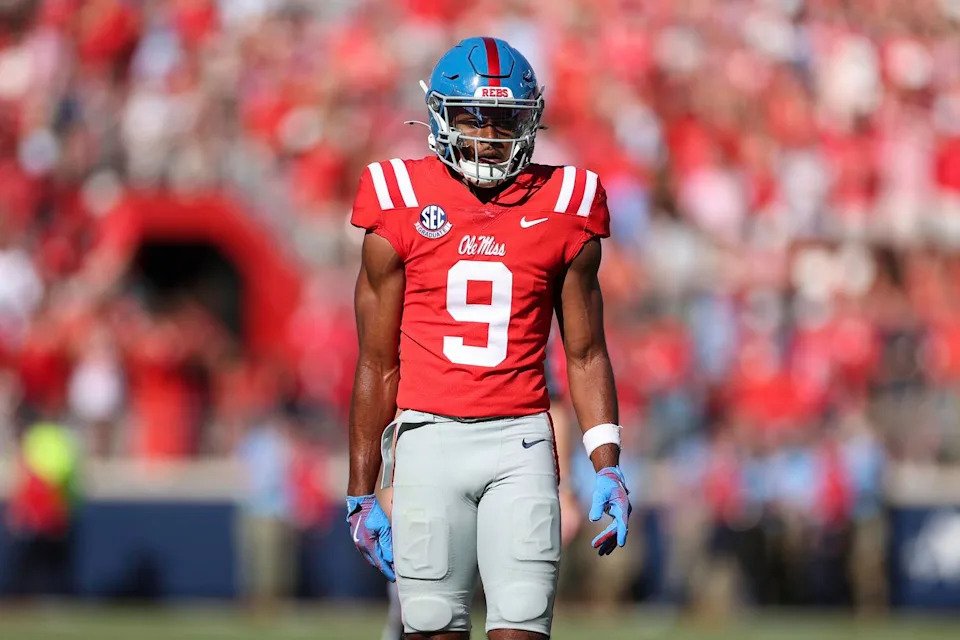 Mississippi wide receiver Tre Harris stands on the field against Middle Tennessee on Sept. 7.