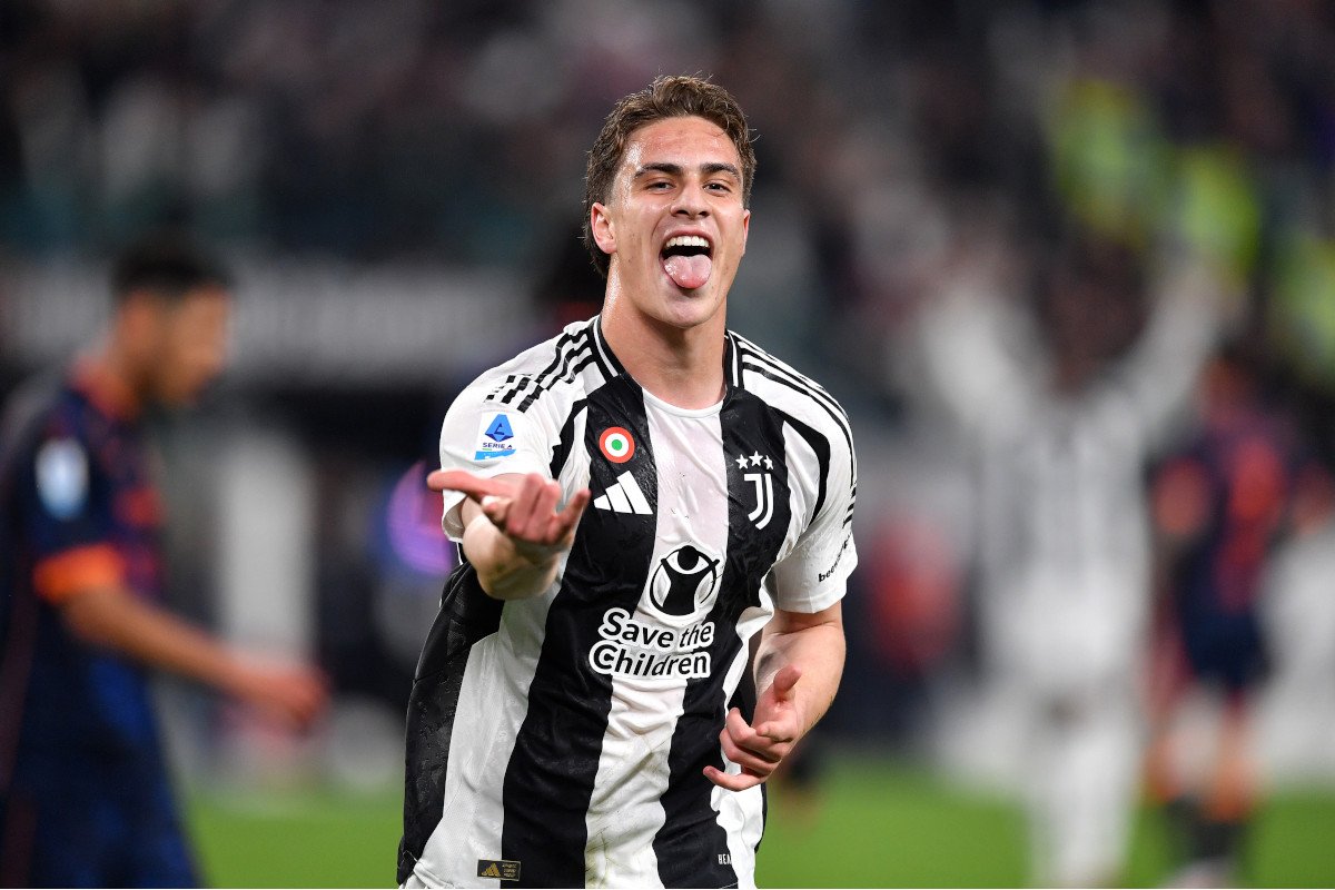 TURIN, ITALY - APRIL 12: Kenan Yildiz of Juventus celebrates scoring his team's second goal during the Serie A match between Juventus and Lecce at Allianz Stadium on April 12, 2025 in Turin, Italy. (Photo by Valerio Pennicino/Getty Images)