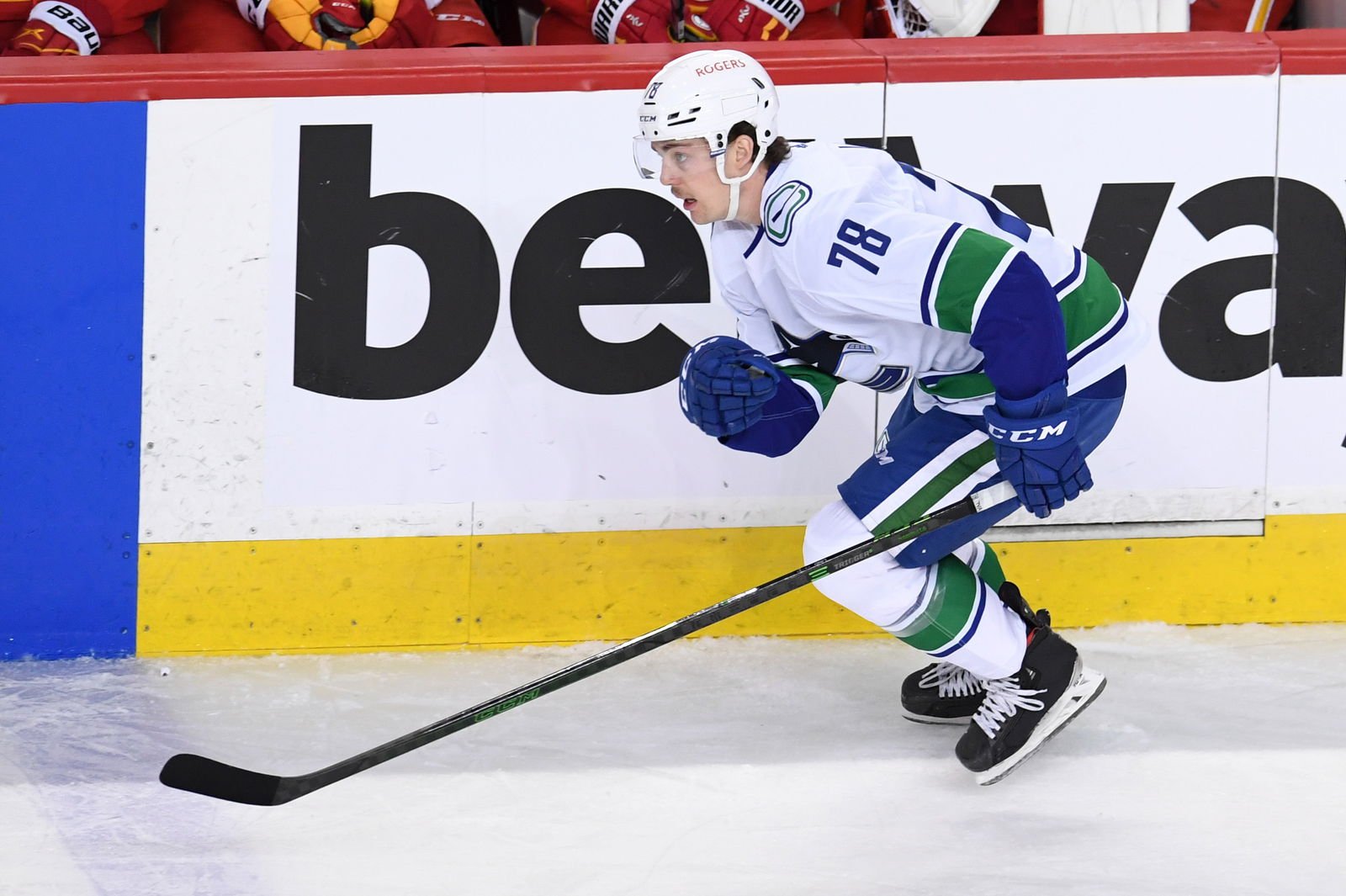 May 19, 2021; Calgary, Alberta, CAN; Vancouver Canucks forward Kole Lind (78) against the Calgary Flames at Scotiabank Saddledome. Mandatory Credit: Candice Ward-Imagn Images