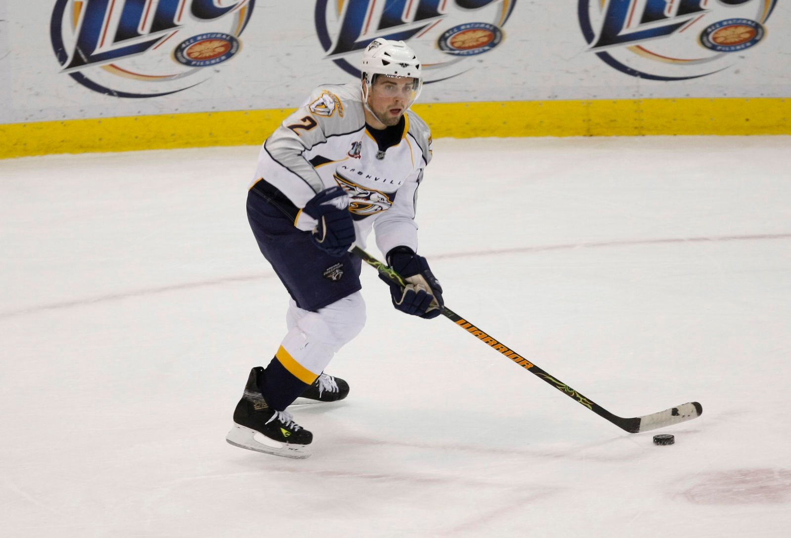March 9, 2008; Detroit, MI, USA; Nashville Predators defenseman Dan Hamhuis (2) skates up ice during the Predators 4-3 loss to the Detroit Red Wings at Joe Louis Arena. Mandatory Credit: Leon Halip-Imagn Images