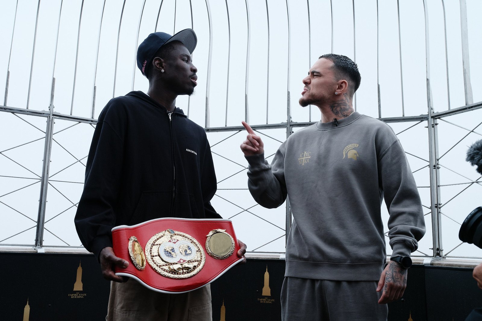 Hitchins (left) and Kambosos Jr during an earlier face-off, atop the Empire State Building
