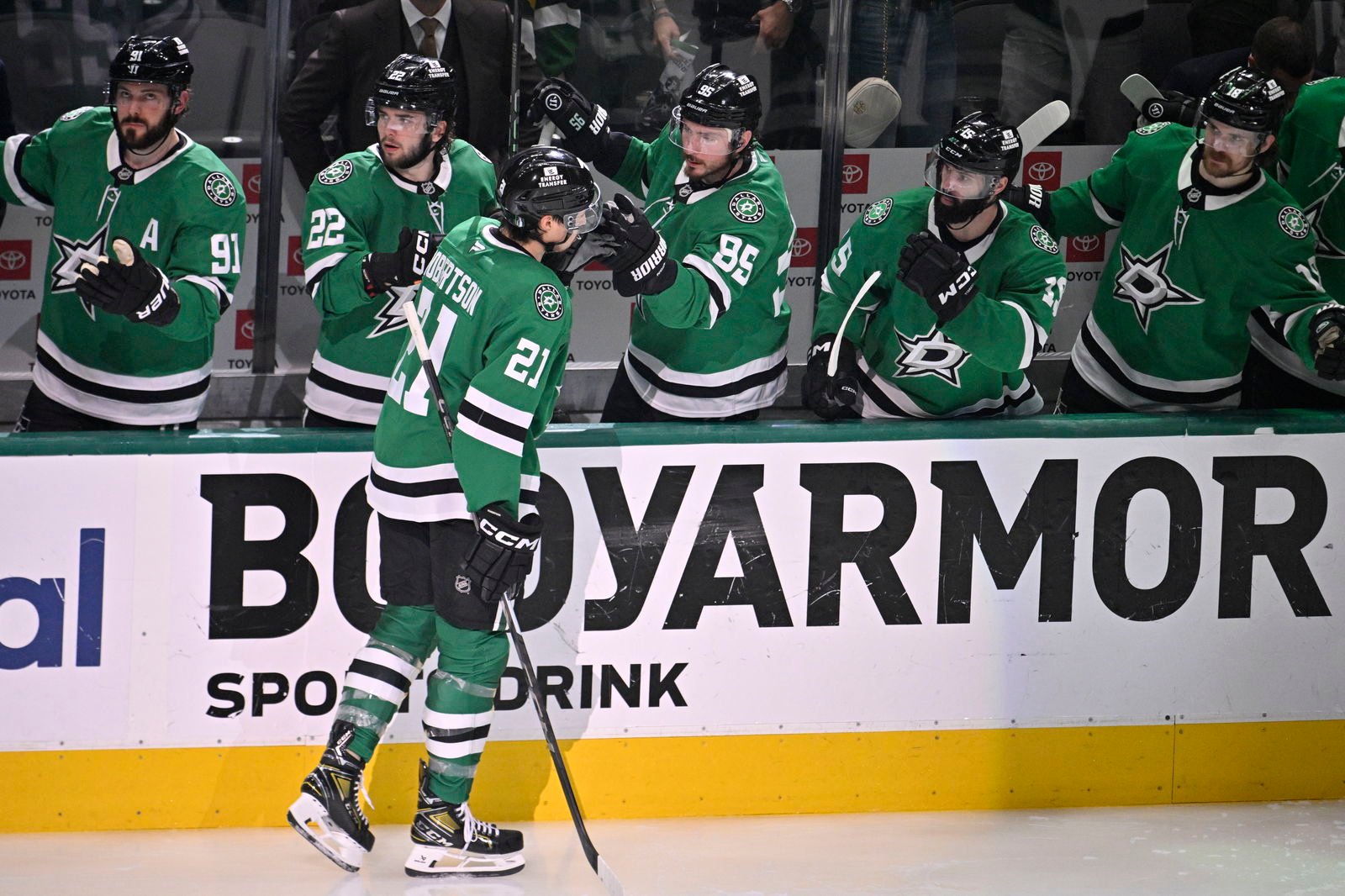 May 29, 2025; Dallas, Texas, USA; Dallas Stars left wing Jason Robertson (21) reacts after scoring a goal against the Edmonton Oilers during the third period in game five of the Western Conference Final of the 2025 Stanley Cup Playoffs at American Airlines Center. Mandatory Credit: Jerome Miron-Imagn Images