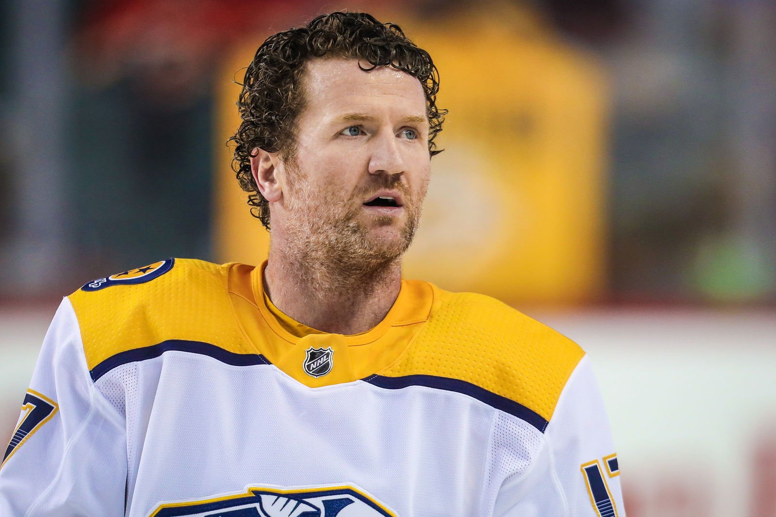 Dec 16, 2017; Calgary, Alberta, CAN; Nashville Predators left wing Scott Hartnell (17) looks on during warmups prior to the game against the Calgary Flames at Scotiabank Saddledome. Mandatory Credit: Sergei Belski-Imagn Images