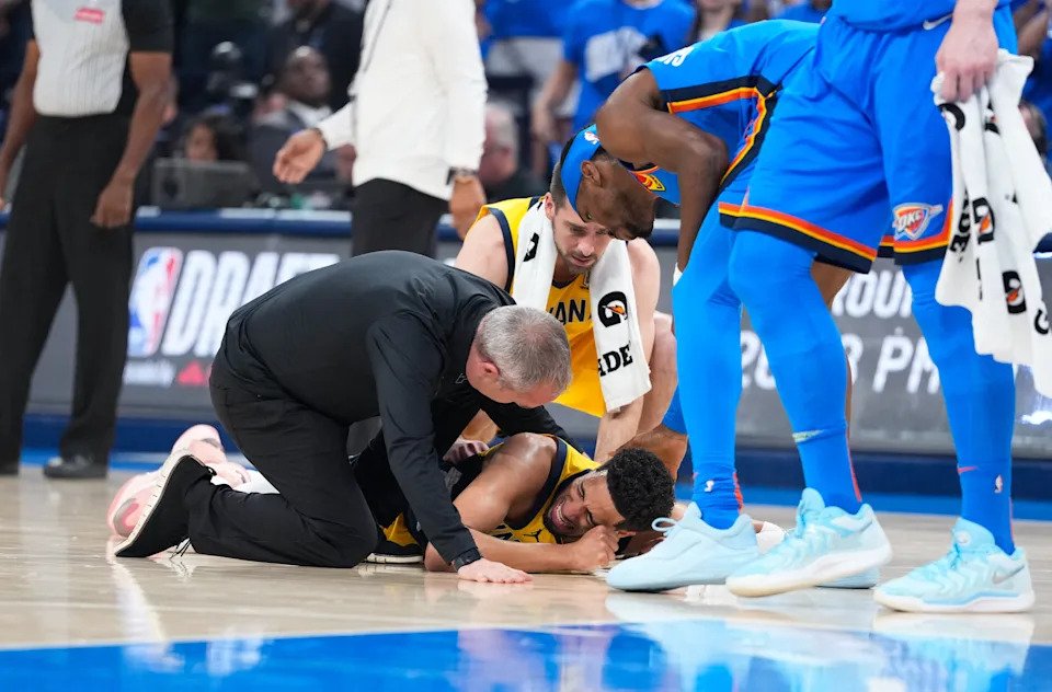 Jun 22, 2025; Oklahoma City, Oklahoma, USA; Indiana Pacers guard Tyrese Haliburton (0) reacts after suffering an injury during the first quarter against the Oklahoma City Thunder during game seven of the 2025 NBA Finals at Paycom Center. Mandatory Credit: Kyle Terada-Imagn Images