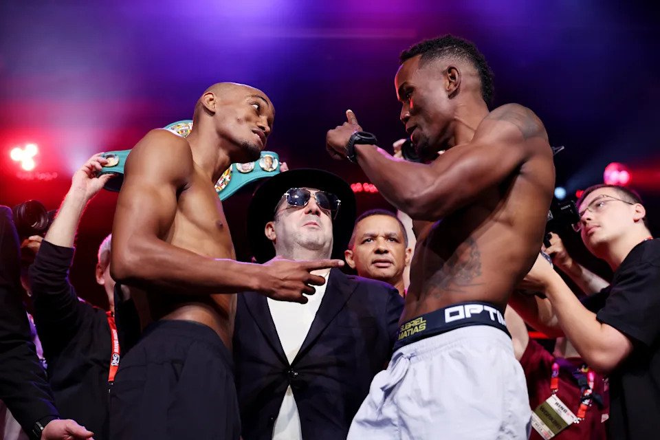 NEW YORK, NEW YORK - JULY 11: Alberto Puello (L) and Subriel Matias (R) face off during weigh ins ahead of their WBC super lightweight title fight at Hard Rock Cafe - Times Square on July 11, 2025 in New York City. (Photo by Cris Esqueda/Golden Boy/Getty Images)