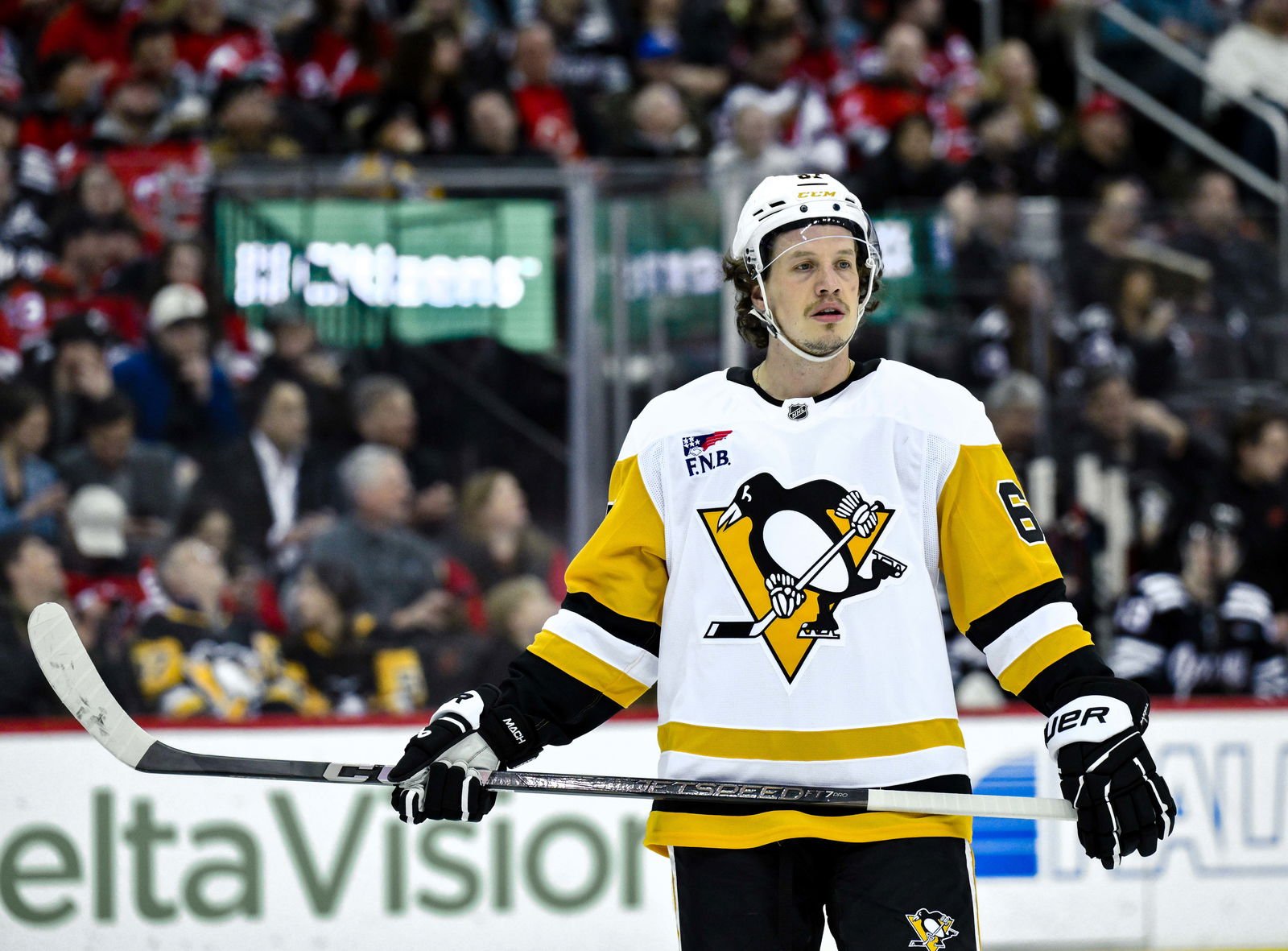 Apr 11, 2025; Newark, New Jersey, USA; Pittsburgh Penguins right wing Rickard Rakell (67) during the first period against the New Jersey Devils at Prudential Center. Mandatory Credit: John Jones-Imagn Images