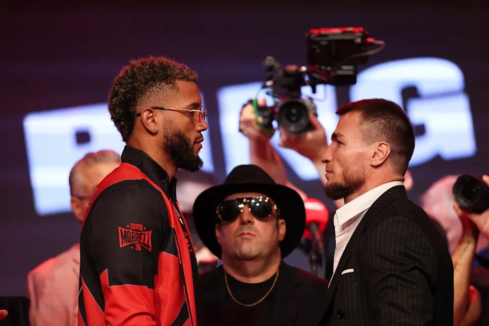 NEW YORK, NEW YORK - JULY 10:  David Morrell (L) and Imam Khataev (R) face off during a press conference ahead of their fight at Hard Rock Cafe - Times Square on July 10, 2025 in New York City. (Photo by Cris Esqueda/Golden Boy/Getty Images)