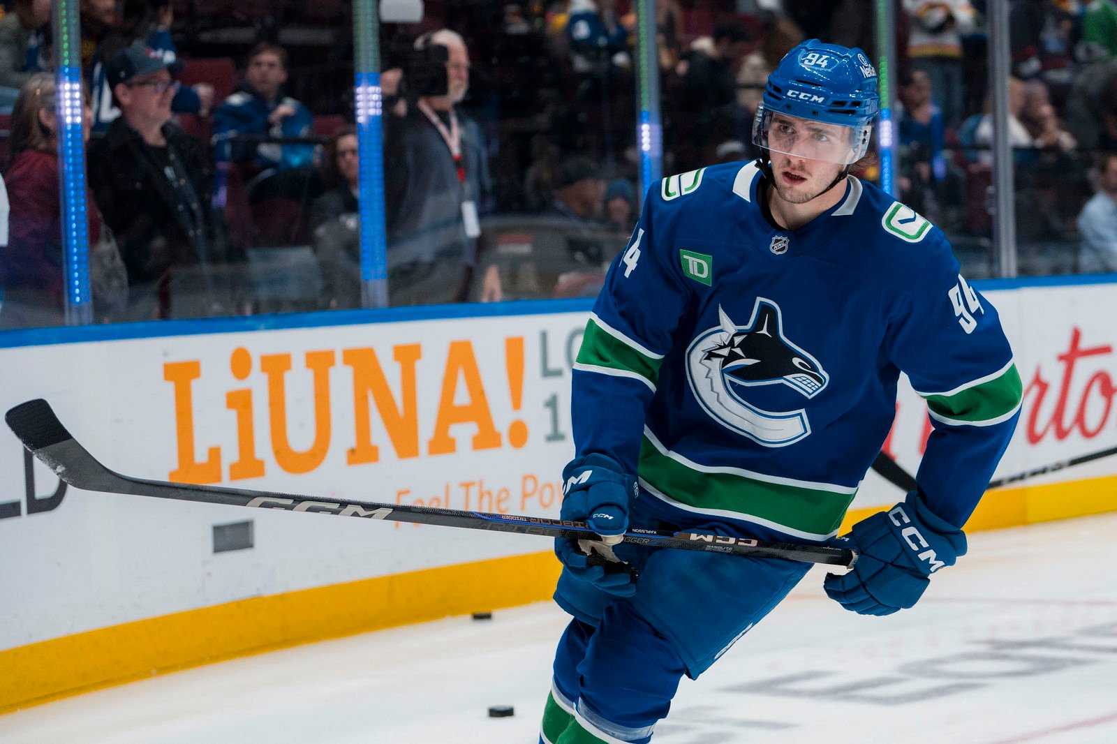 Mar 18, 2025; Vancouver, British Columbia, CAN; Vancouver Canucks forward Linus Karlsson (94) skates during warm up prior to a game against the Winnipeg Jets at Rogers Arena. Mandatory Credit: Bob Frid-Imagn Images