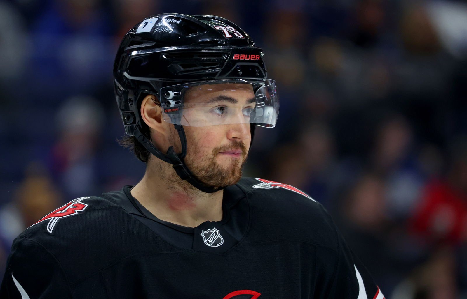Apr 17, 2025; Buffalo, New York, USA; Buffalo Sabres defenseman Connor Clifton (75) during a stoppage in play during the third period against the Philadelphia Flyers at KeyBank Center. Mandatory Credit: Timothy T. Ludwig-Imagn Images