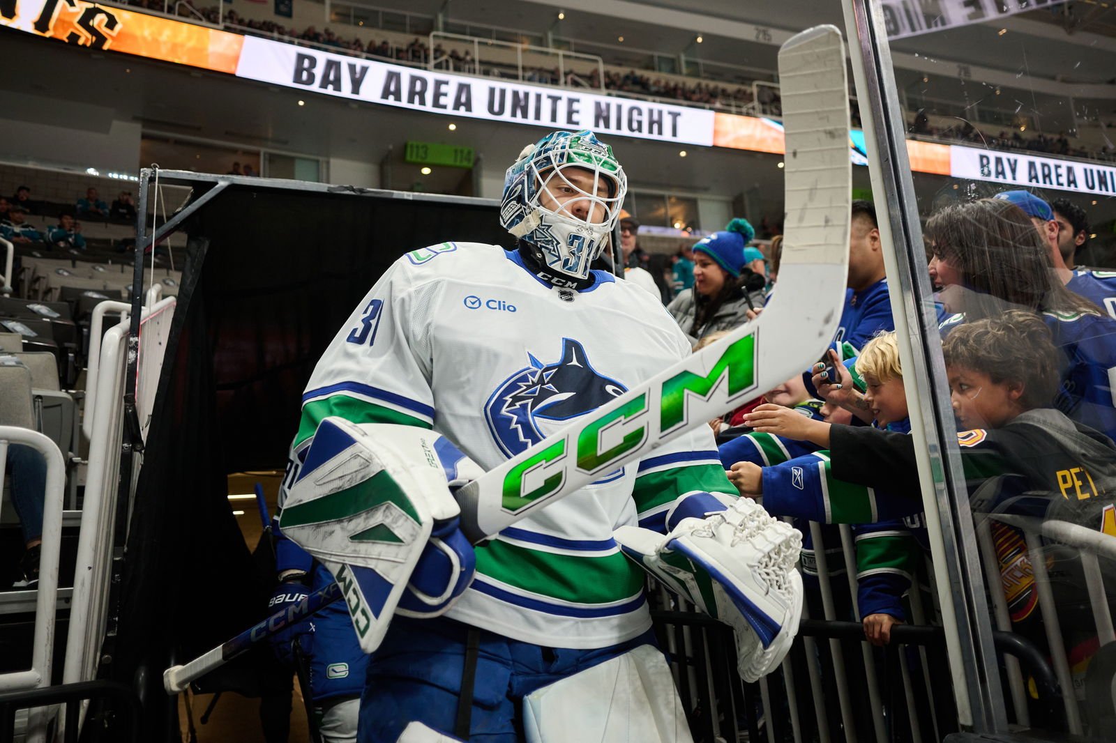 Nov 2, 2024; San Jose, California, USA; Vancouver Canucks goaltender Arturs Silovs (31) walks to the ice for warmups before the game between the Vancouver Canucks and the San Jose Sharks at SAP Center at San Jose. Mandatory Credit: Robert Edwards-Imagn Images