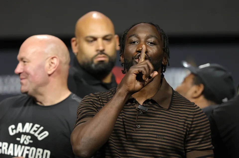 LAS VEGAS, NEVADA - JUNE 27: Undefeated boxer Terence Crawford puts a finger over his lips during a news conference with undisputed super middleweight champion Canelo Alvarez at T-Mobile Arena on June 27, 2025 in Las Vegas, Nevada. The boxers are scheduled to fight on September 13, 2025, at Allegiant Stadium in Las Vegas. (Photo by Steve Marcus/Getty Images)