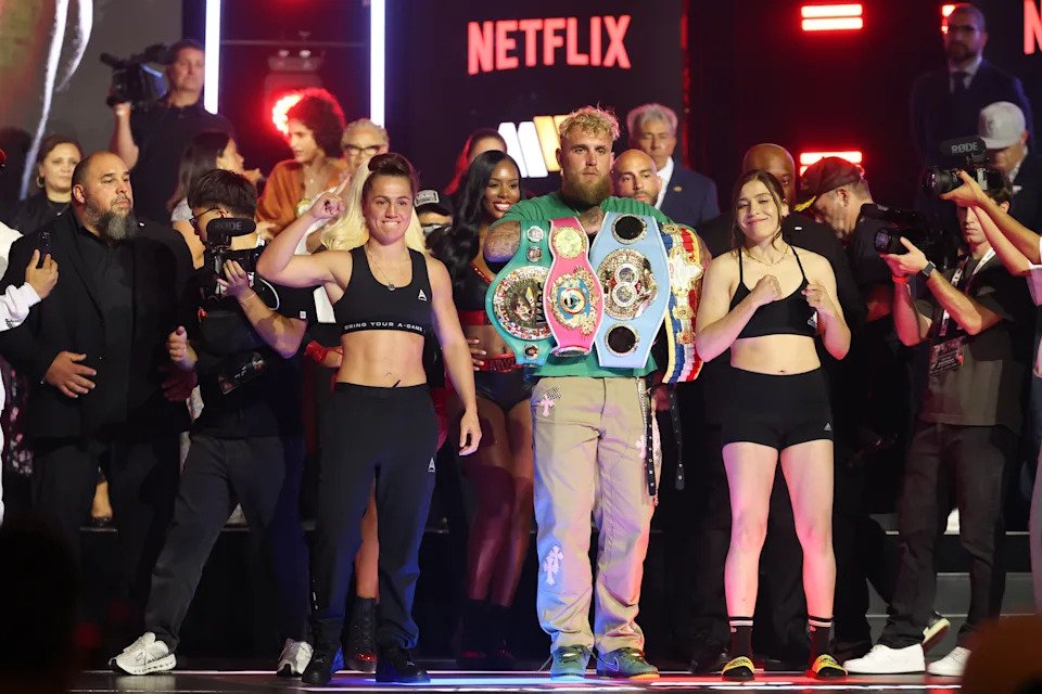 NEW YORK, NEW YORK - JULY 10: Ellie Scotney and Yamileth Mercado pose after weighing in for their upcoming fight at The Theater at Madison Square Garden on July 10, 2025 in New York City. (Photo by Ed Mulholland/Getty Images)