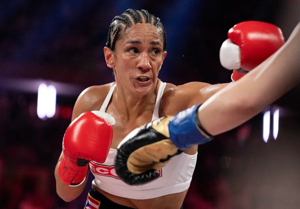 NEW YORK, NEW YORK - JULY 11: Amanda Serrano in action against Katie Taylor in their undisputed IBF, WBA, WBC, WBO, and Ring super lightweight championship bout during Netflix's Katie Taylor vs Amanda Serrano 3 at Madison Square Garden on July 11, 2025 in New York City. (Photo by Al Bello/Getty Images for Netflix)