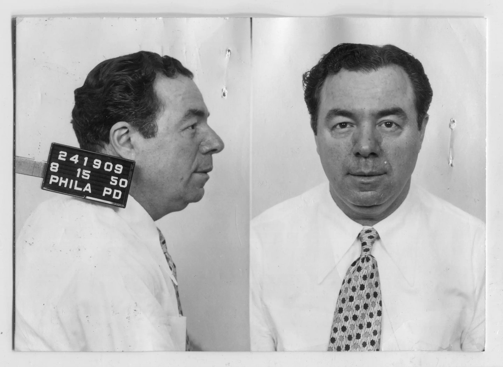 Mug shots of Philadelphia-based mobster Frank 'Blinky' Palermo (1905 - 1996), Philadelphia, Pennsylvania, August 15, 1950. He was later under investigated by the 1960 Kefauver Committee, which examined the organized crime world's involvement in boxing. (Photo by National Archives/PhotoQuest/Getty Images)