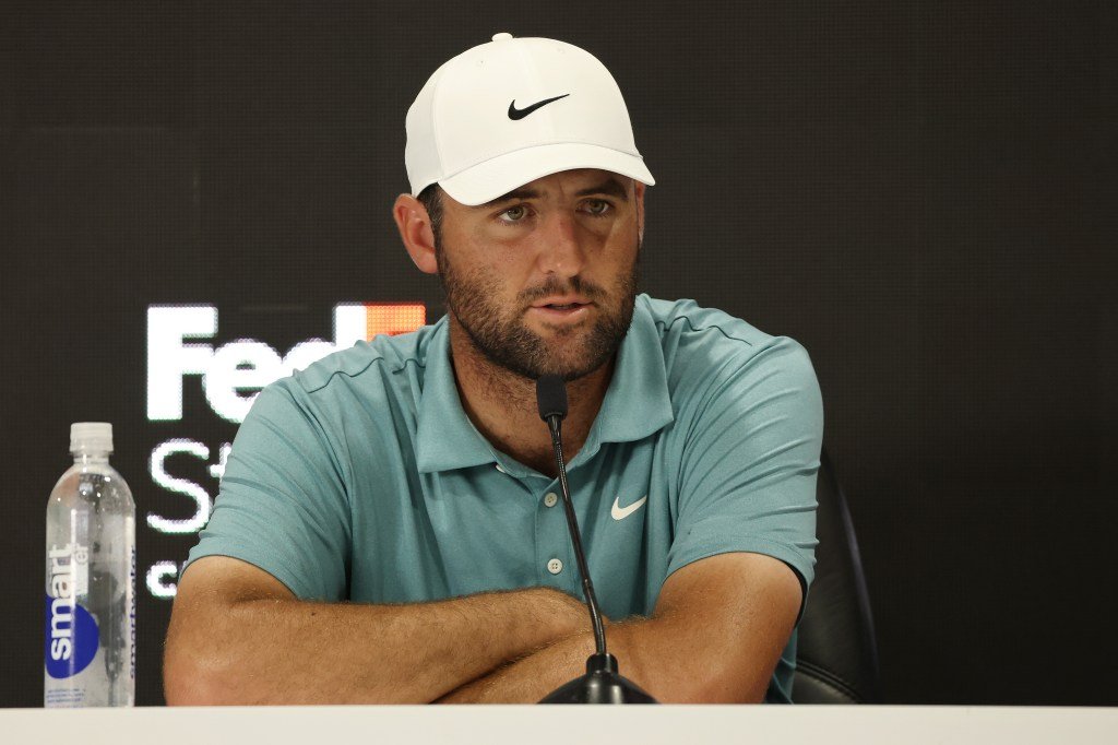 Scottie Scheffler of the United States speaks with the media prior to the FedEx St. Jude Championship 2025 at TPC Southwind on August 06, 2025 in Memphis, Tennessee. 
