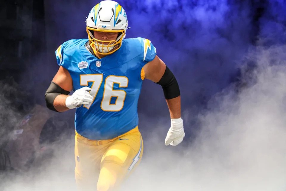 Inglewood, CA, Sunday, September 8, 2024 - Los Angeles Chargers offensive tackle Joe Alt.