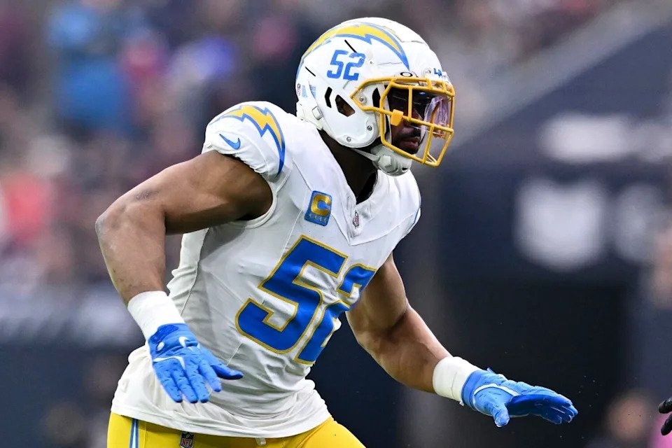 Chargers linebacker Khalil Mack follows a play during a wild-card loss to the Houston Texans in January.