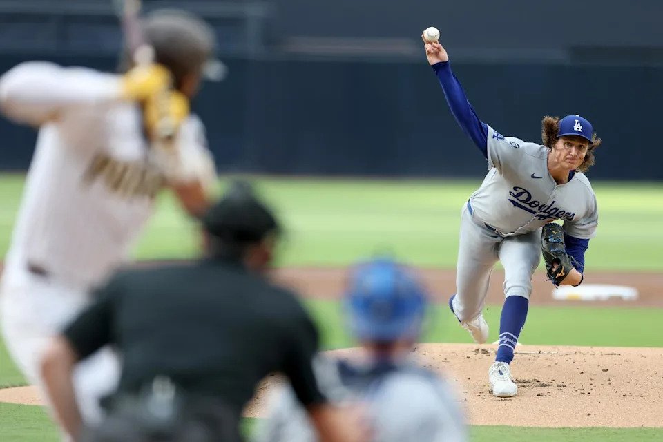 Dodgers starting pitcher Tyler Glasnow delivers against the Padres in the fifth inning Saturday.