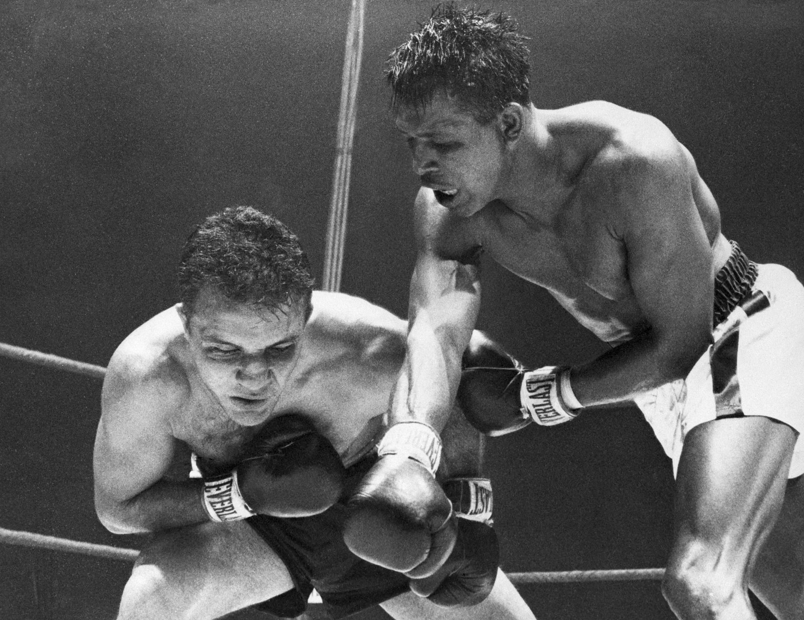 (Original Caption) 2/15/1951-Chicago, IL- Striking with the fury of a tiger and the cunning of a fox, Ray Robinson presses his attack to the head of Jake LaMotta in the last round of their battle for the middleweight championship.
