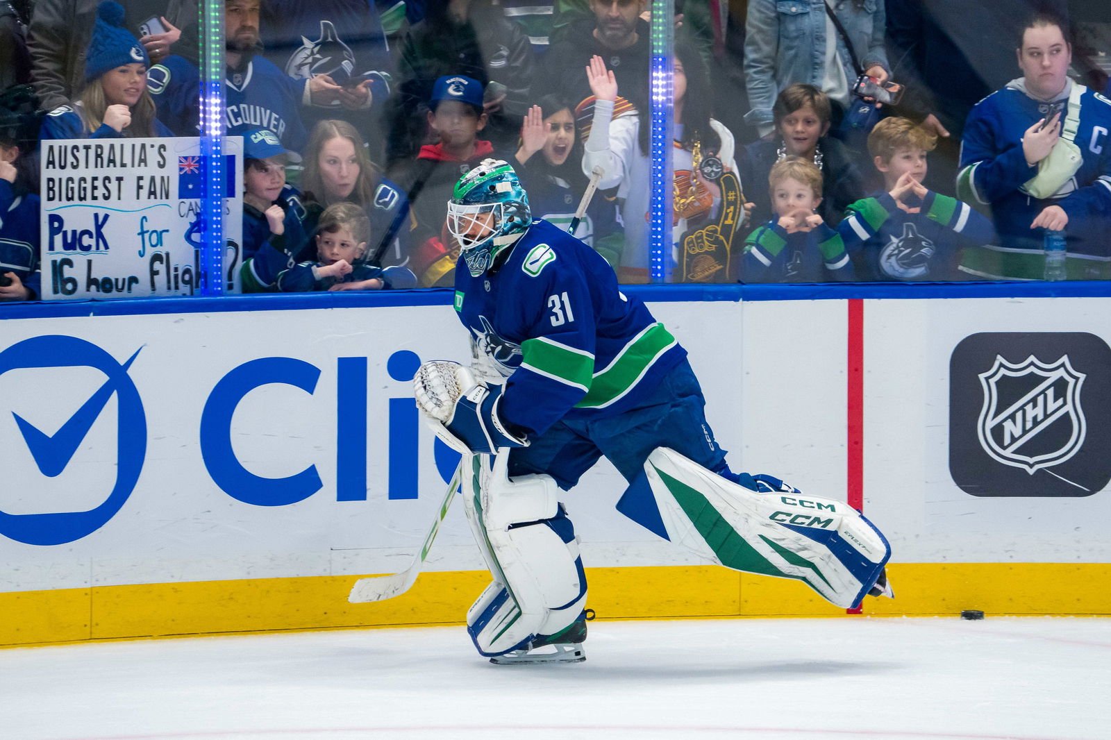 Jan 3, 2025; Vancouver, British Columbia, CAN; Vancouver Canucks goalie Arturs Silovs (31) skates during warm up prior to a game against the Nashville Predators at Rogers Arena. Mandatory Credit: Bob Frid-Imagn Images