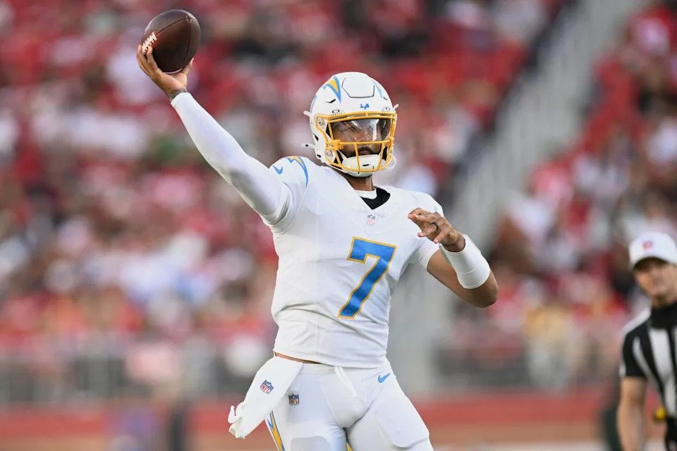 Chargers quarterback DJ Uiagalelei passes against the 49ers in the first half Saturday.