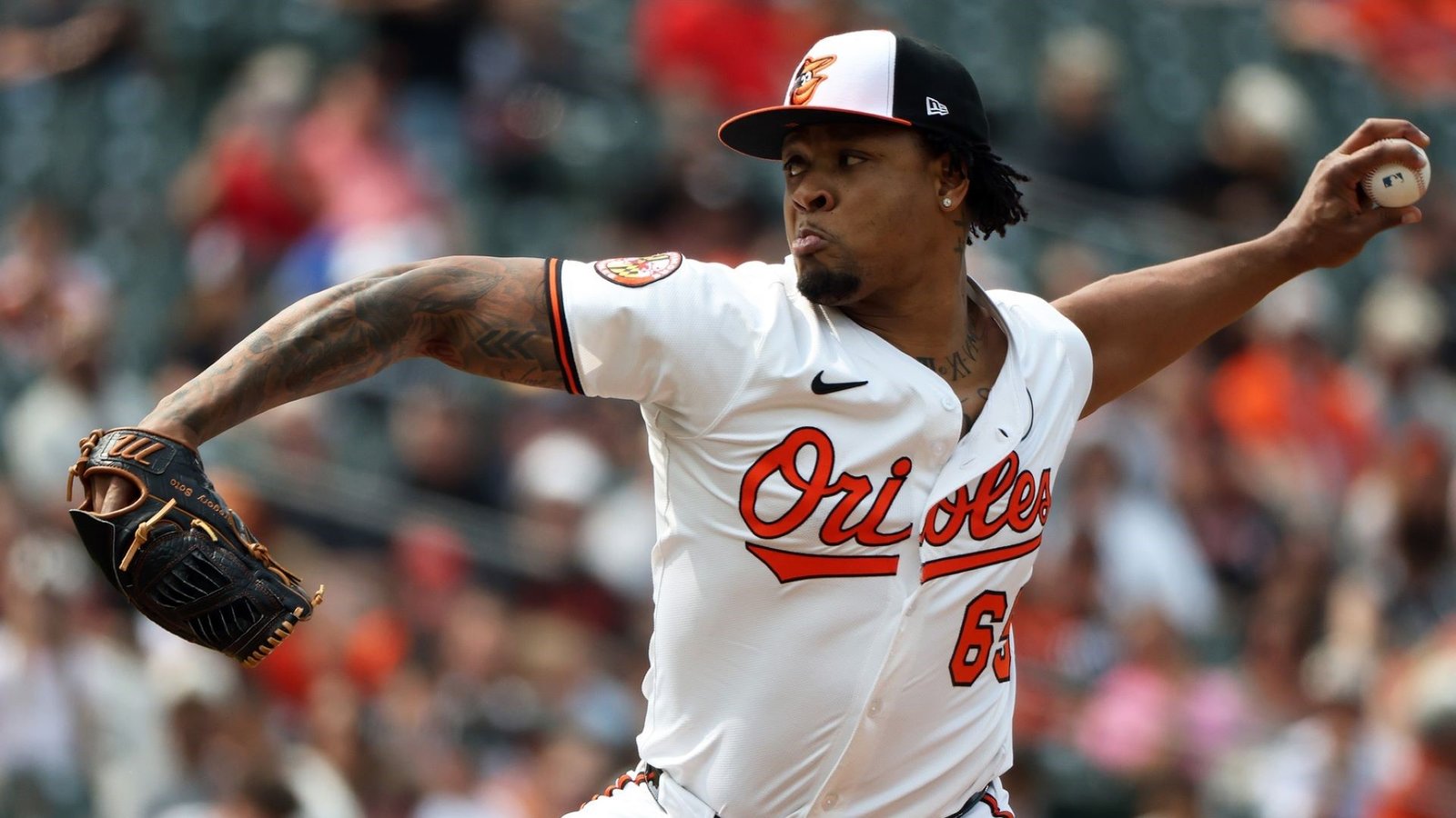 Jun 1, 2025; Baltimore, Maryland, USA; Baltimore Orioles pitcher Gregory Soto (65) throws during the seventh inning against the Chicago White Sox at Oriole Park at Camden Yards.