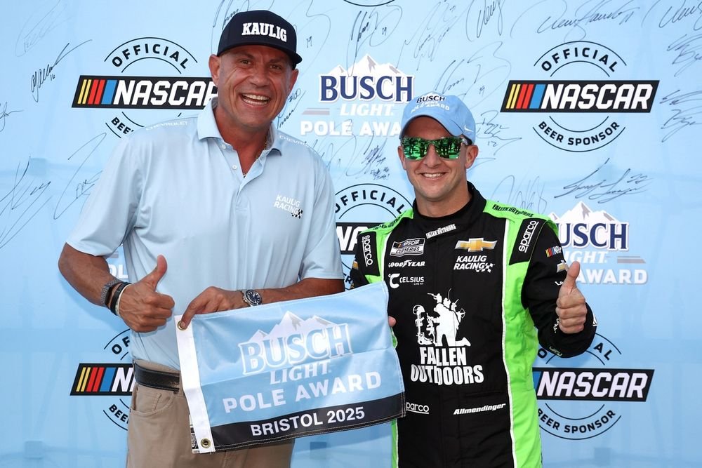 Kaulig Racing team president Chris Rice and driver AJ Allmendinger after Bristol pole