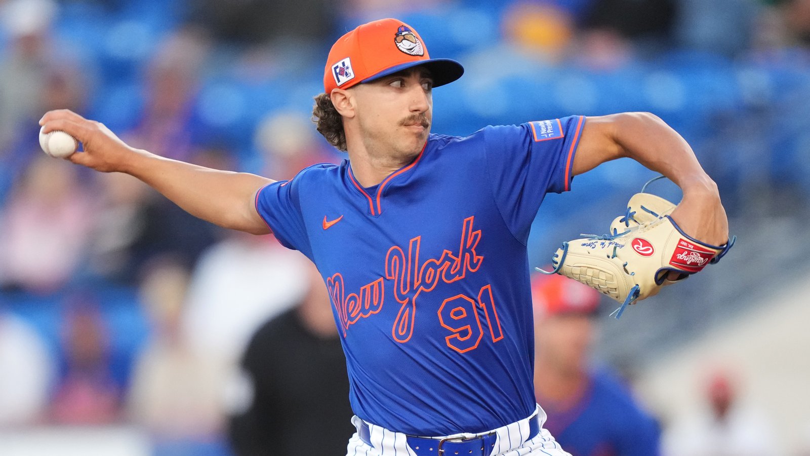 Mar 6, 2025; Port St. Lucie, Florida, USA; New York Mets pitcher Brandon Sproat (91) pitches against the Houston Astros at Clover Park. Mandatory Credit: Jim Rassol-Imagn Images