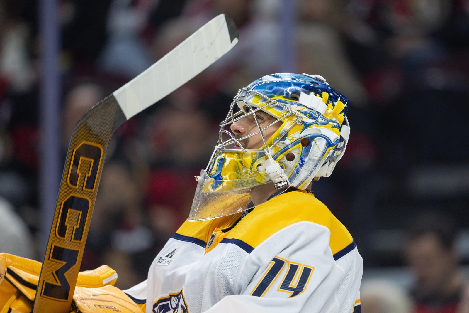 Oct 13, 2025; Ottawa, Ontario, CAN; Nashville Predators goalie Juuse Saros (74) prior to the start of the game against the Ottawa Senators at the Canadian Tire Centre. Mandatory Credit: Marc DesRosiers-IMAGN Images