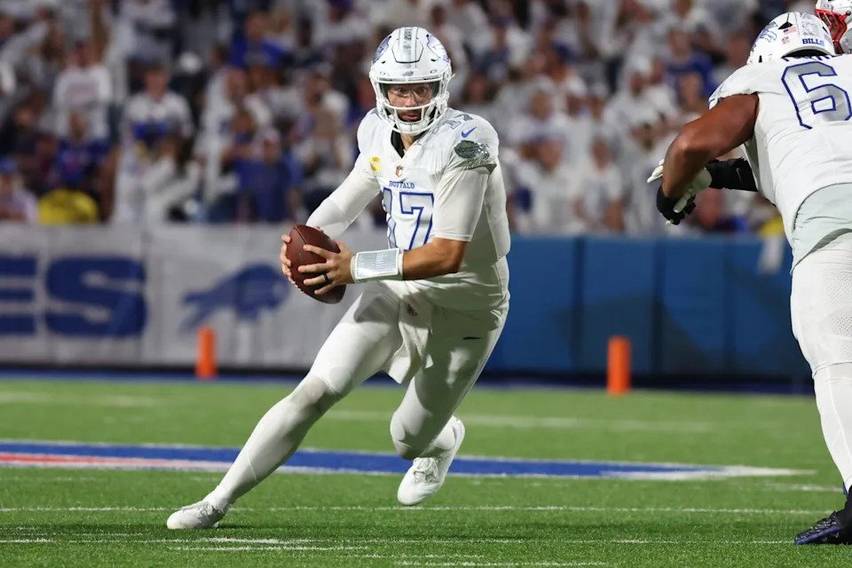 Buffalo Bills quarterback Josh Allen runs with the ball during a loss to the New England Patriots on Oct. 5.
