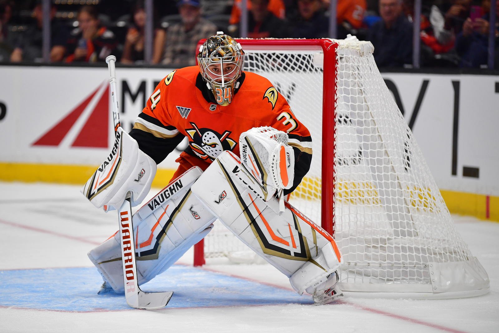 Sep 22, 2025; Anaheim, California, USA; Anaheim Ducks goaltender Petr Mrazek (34) defends the goal against the Utah Mammoth during the first period at Honda Center. Mandatory Credit: Gary A. Vasquez-Imagn Images