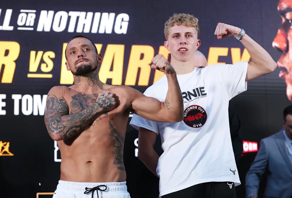 LONDON, ENGLAND - OCTOBER 24: Mitchell Smith and Arnie Dawson pose ahead of the WBO European Lightweight Title fight between Mitchell Smith and Arnie Dawson during the All Or Nothing - Weigh In at Spitalfields Market on October 24, 2025 in London, England. (Photo by Richard Pelham/Getty Images)