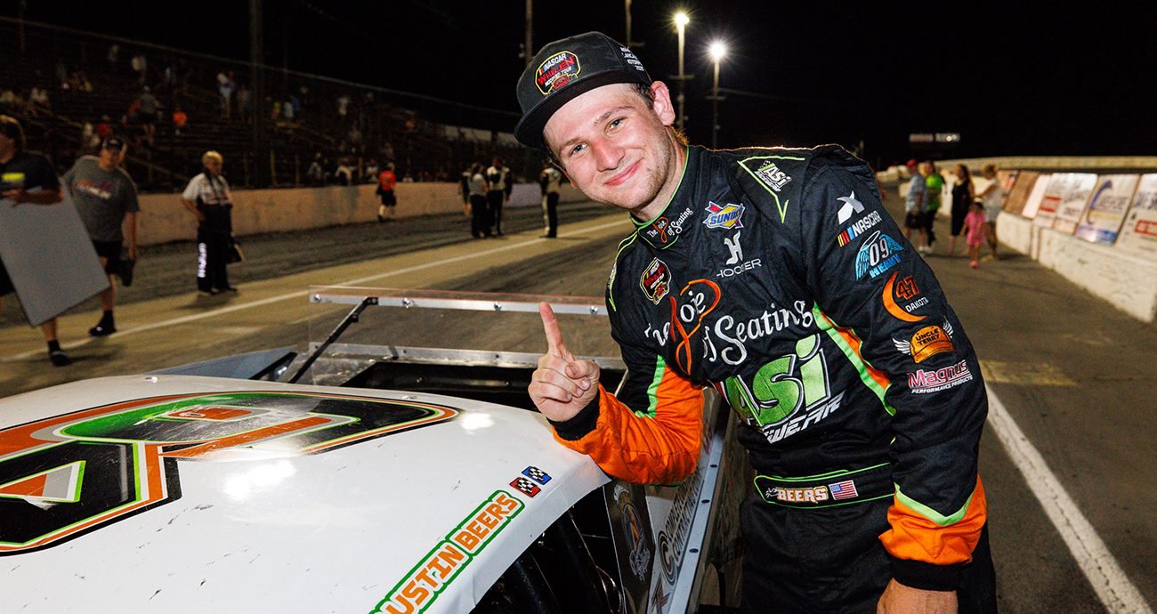 Austin Beers, driver of the #64 Troyer G&G Electrical Supply, FastTrack Electrical, Dell Electric, Lumiere Electrical, Andrew James Interiors, AP Marquadt, Hughes M celebrates after winning the Nu-Way Auto Parts 150 for the NASCAR Whelen Modified Tour at Lancaster Motorplex on July 12, 2025 in Lancaster, New York. (Bryan Bennett/NASCAR)