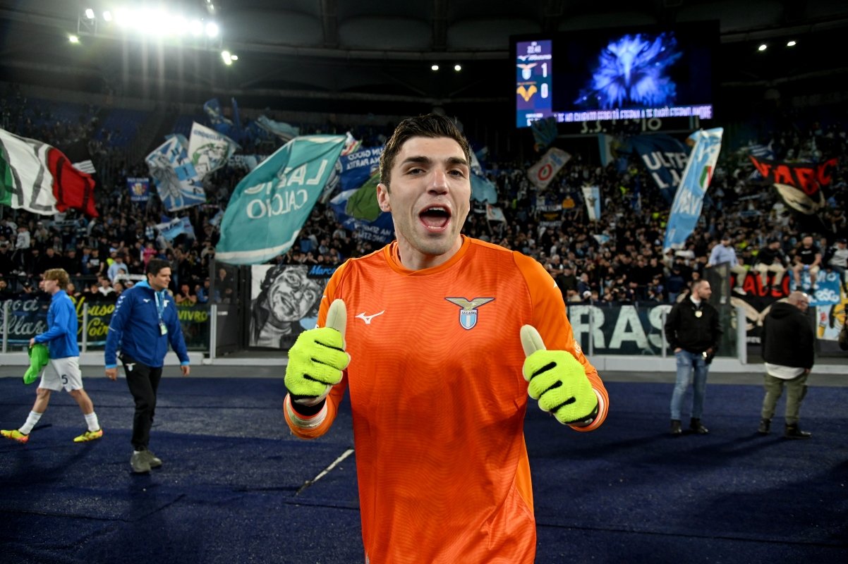 ROME, ITALY - APRIL 27: Christos Mandas of SS Lazio celebrates a vitory after the Serie A TIM match between SS Lazio and Hellas Verona FC at Stadio Olimpico on April 27, 2024 in Rome, Italy. (Photo by Marco Rosi/Getty Images)