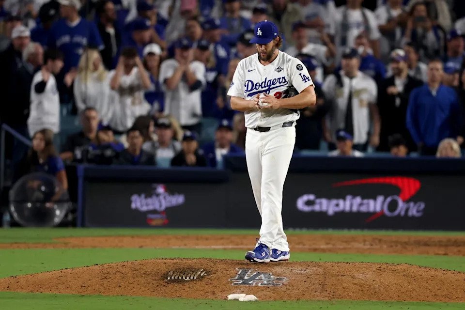 Los Angeles Dodgers pitcher Clayton Kershaw (22) in the 12th inning during game three of the World Series.