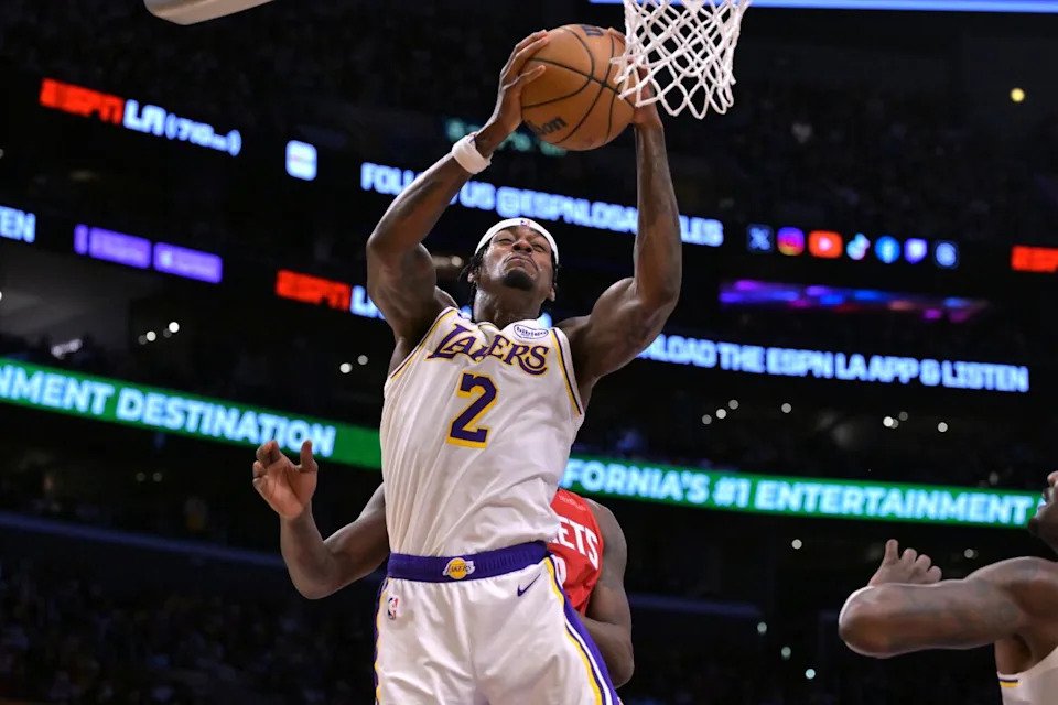 Lakers forward Jarred Vanderbilt grabs a rebound during a game against the Houston Rockets Thursday at Crypto.com Arena.