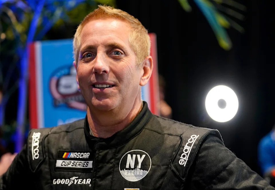Feb 16, 2022; Daytona, FL, USA; Feb 16, 2022; Daytona, FL, USA; NASCAR Cup Series driver Greg Biffle (44) talks to the press during Daytona 500 media day at Daytona International Speedway. Mandatory Credit:Mandatory Credit: Mike Dinovo-USA TODAY Sports