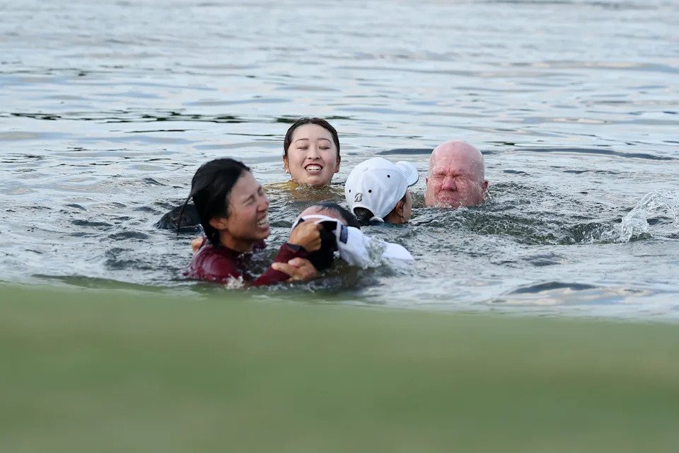 Mao Saigo in the pond on the 18th hole after winning the 2025 Chevron Championship in a playoff at The Club at Carlton Woods.