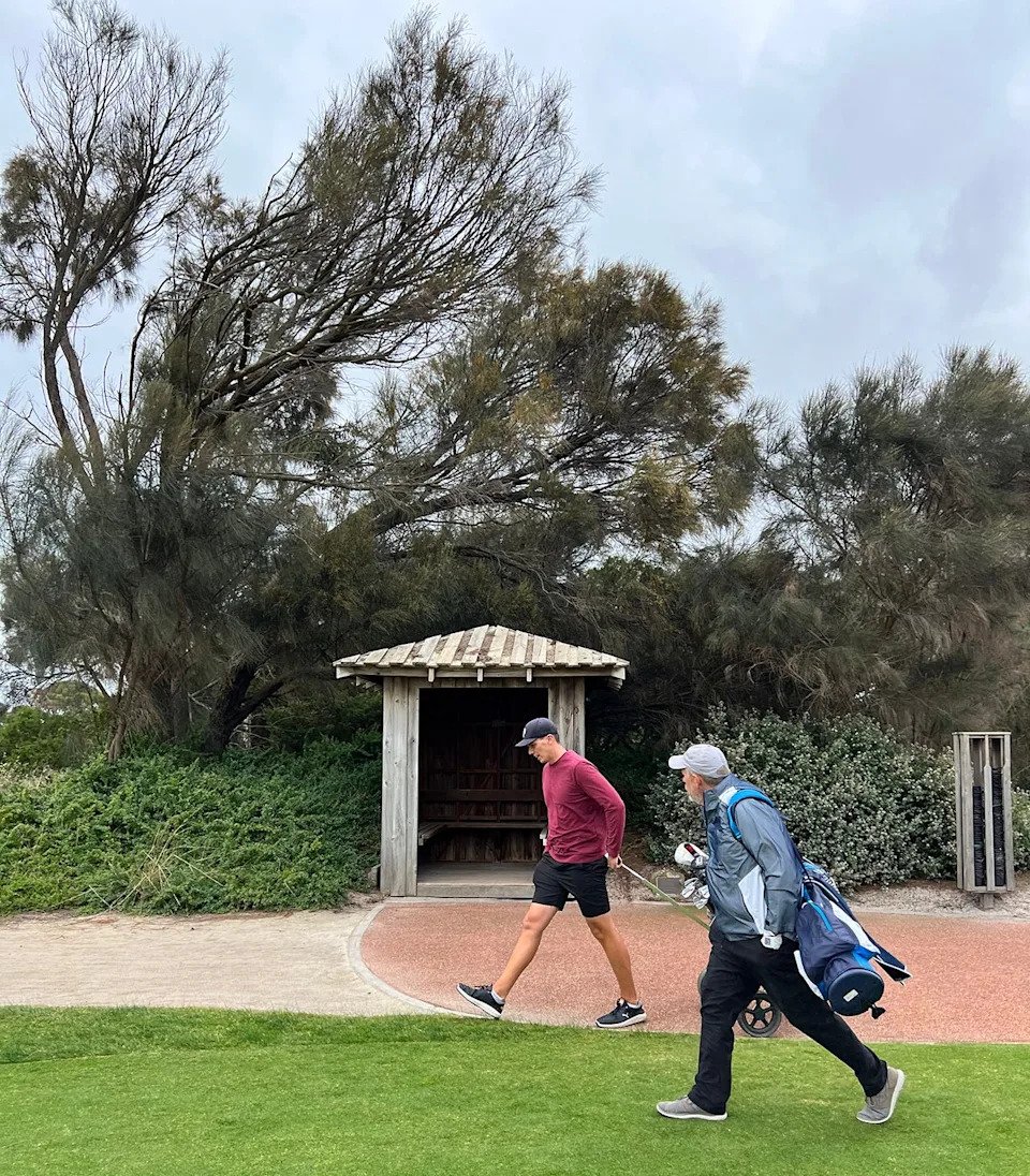 Golfweek's Jason Lusk chats with touring pro Harrison Gilbert, left, at Royal Melbourne's East Course in Victoria. Australia. (Gabe Gudgel/Golfweek)