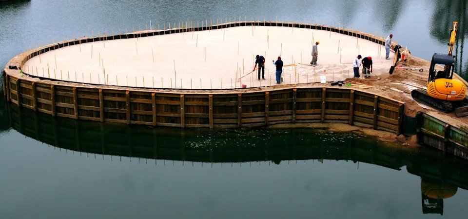 Workers from MacCurrach Golf labor on a renovation of the Island Green at the 17th hole of the Players Stadium Course at TPC Sawgrass durin a 2006 renovation project.