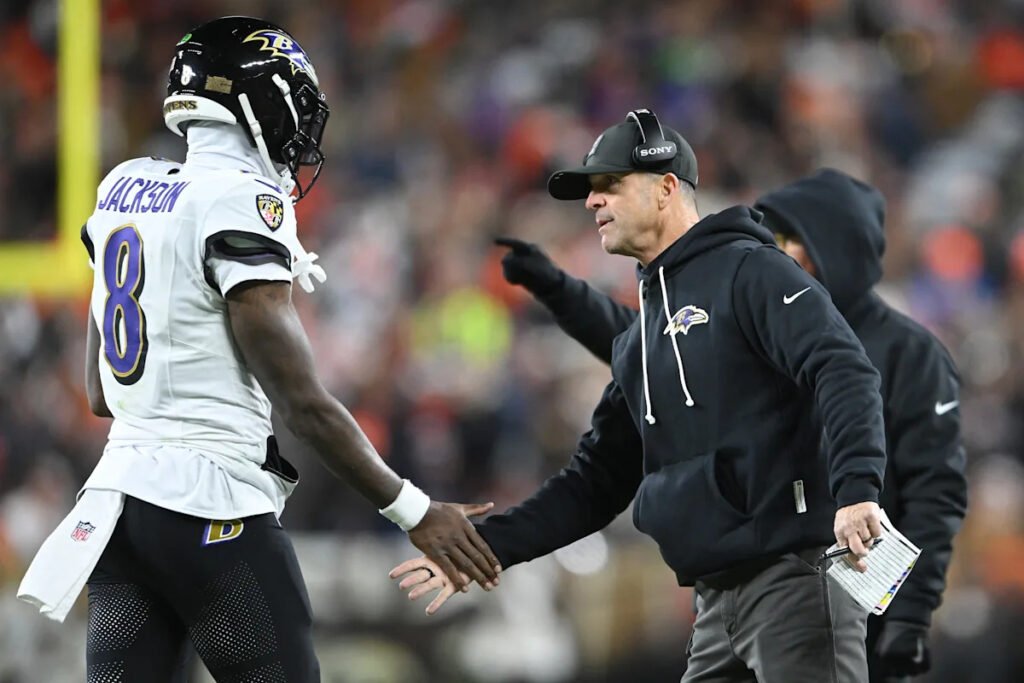 John Harbaugh rejects claim that Lamar Jackson has slept in Ravens meetings, says relationship with QB is A+