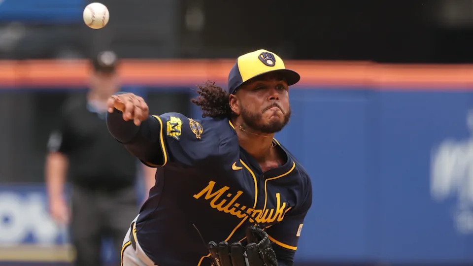 Jul 2, 2025; New York City, New York, USA; Milwaukee Brewers starting pitcher Freddy Peralta (51) delivers a pitch during the third inning against the New York Mets at Citi Field