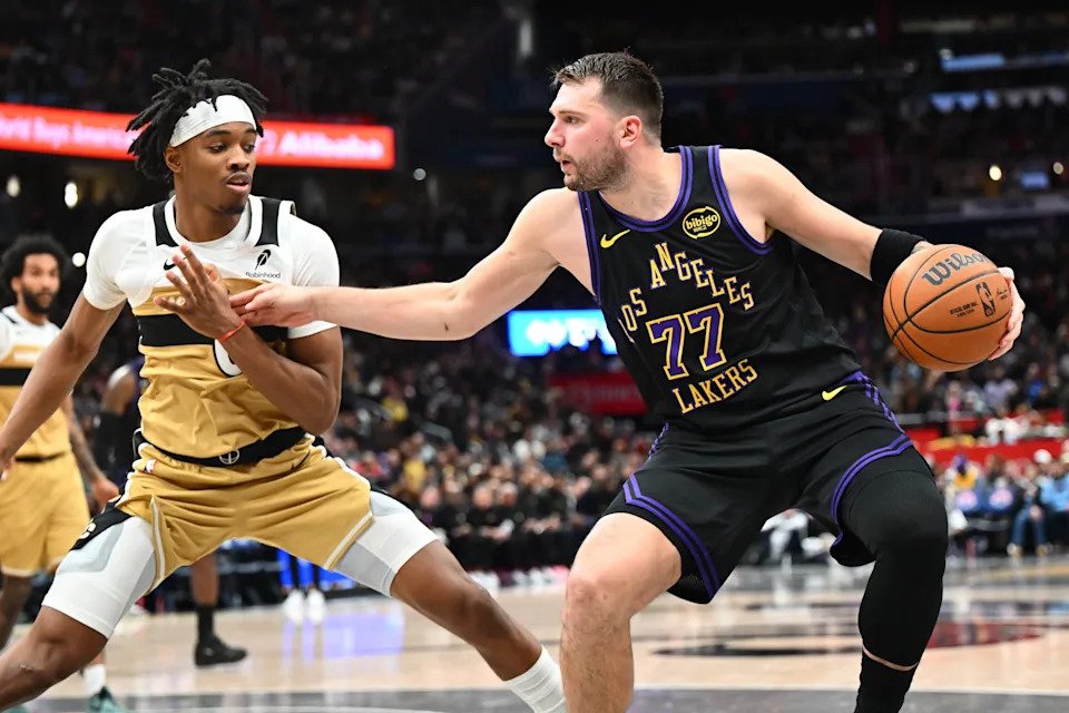Los Angeles Lakers forward/guard Luka Doncic (77) dribbles as Washington Wizards guard Bilal Coulibaly (0) defends during the second half at Capital One Arena in Washington, District of Columbia on Jan. 30, 2026.