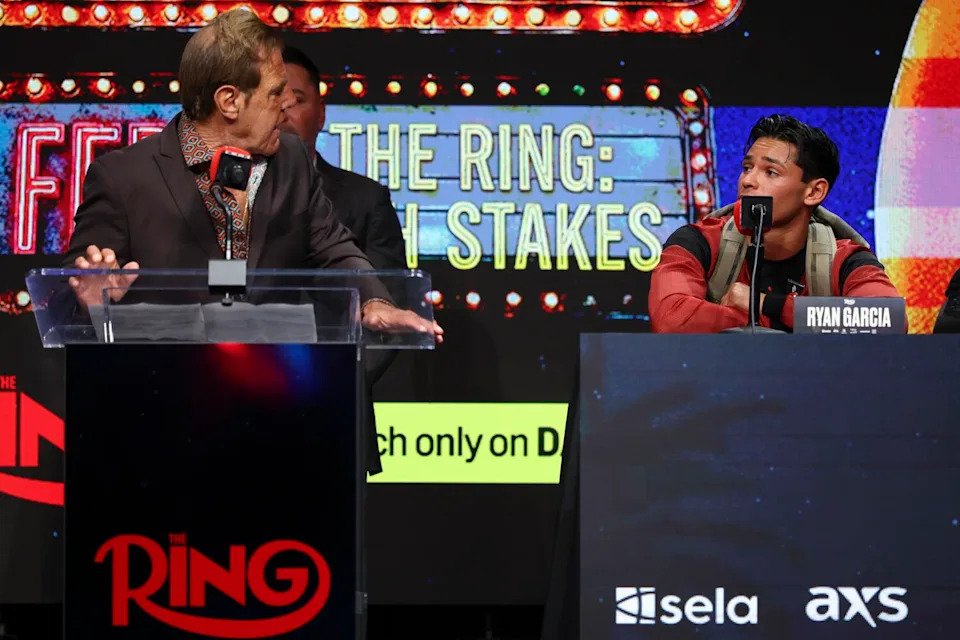 Mario Berrios' trainer Joe Goossen and Berrios' opponent Ryan Garcia speak during a news conference at Avalon Hollywood.