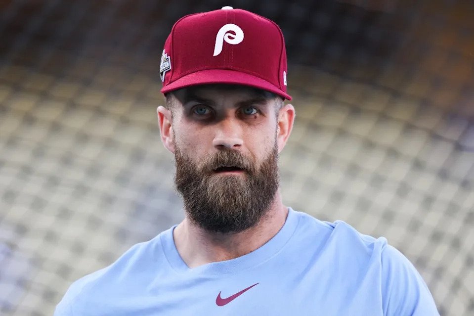 Philadelphia Phillies first baseman Bryce Harper (3) looks on during warmups before the game against the Los Angeles Dodgers during Game 3 of the NLDS. IMAGN IMAGES via Reuters Connect