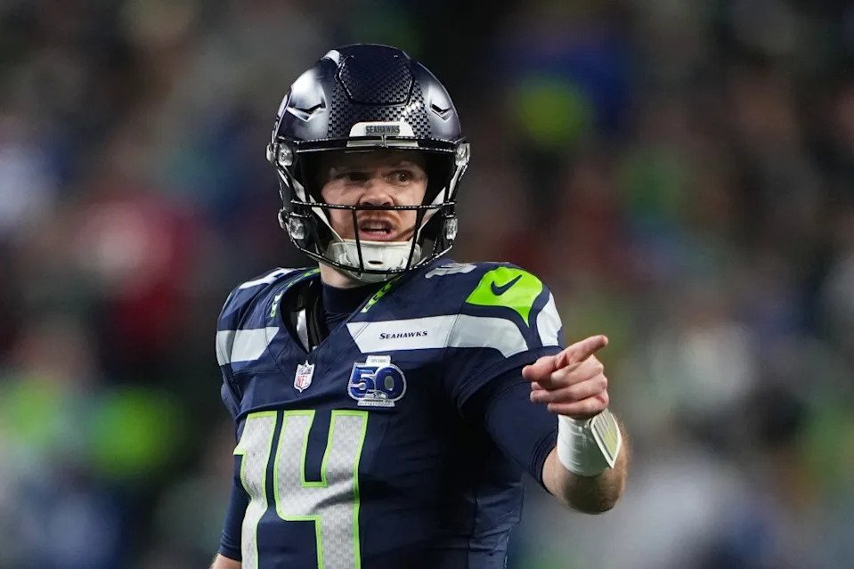 Seattle Seahawks quarterback Sam Darnold reacts during the second half of an NFL football divisional playoff game against the San Francisco 49ers, Saturday, Jan. 17, 2026, in Seattle. AP